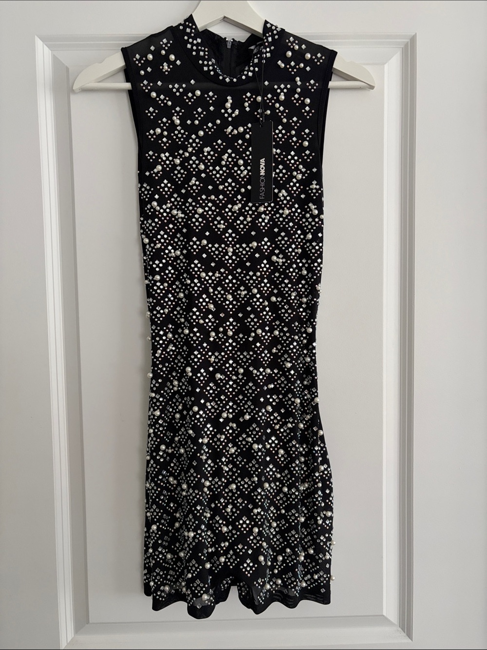 Fashion Nova Black Pearl & Crystal Sleeveless Short Romper